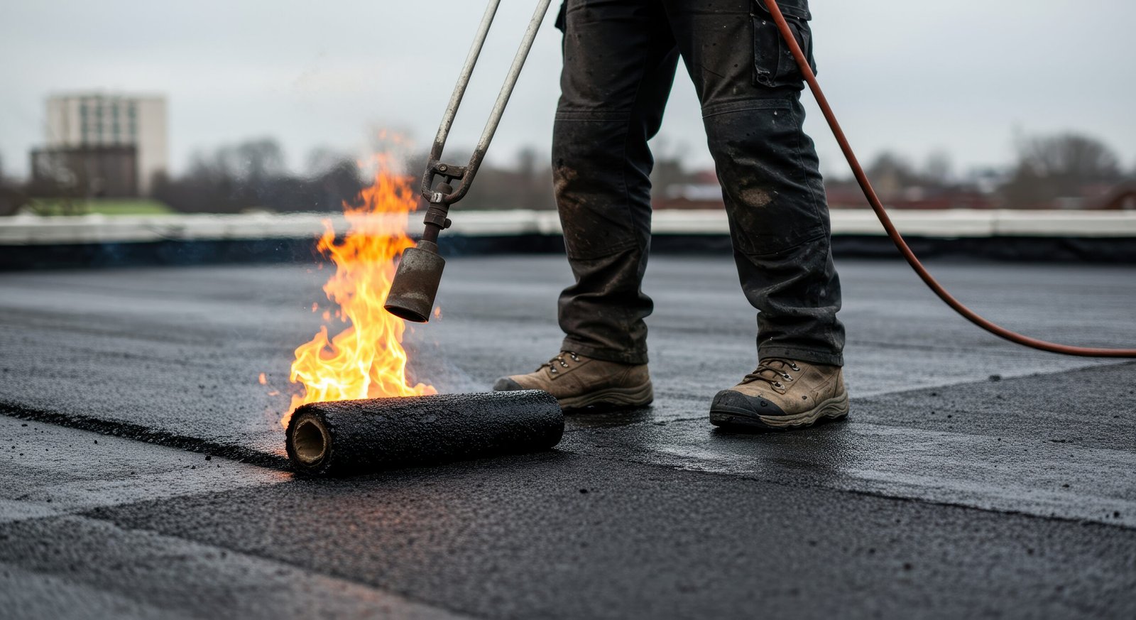 Roofer in Ajax Torching a flat commercial roof with asphalt roll