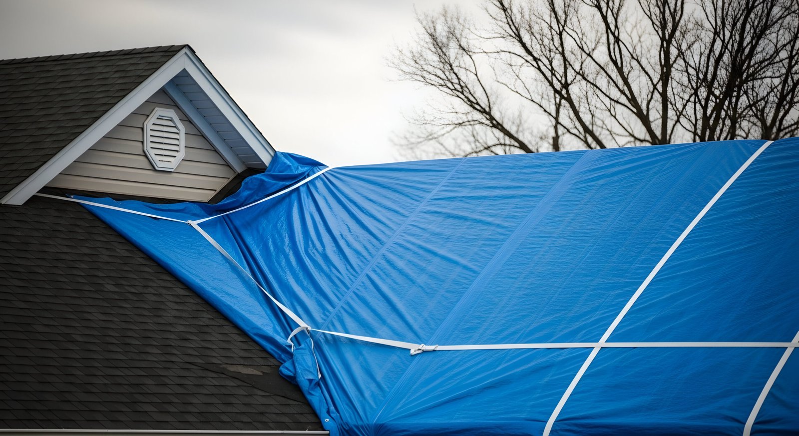 Blue Tarp Protecting Damaged Residential Roof During Repair in Ajax, On