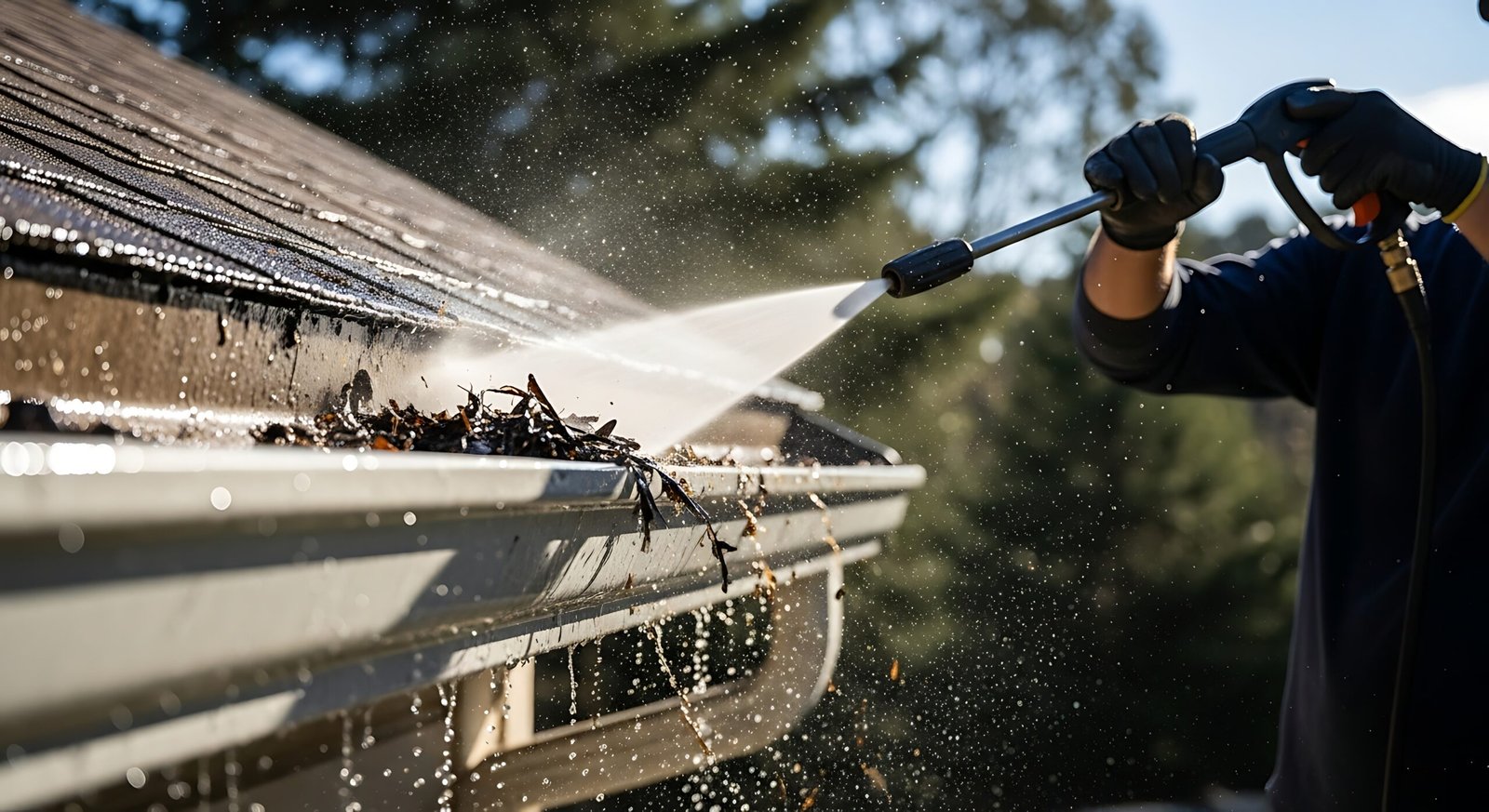 Roofing technician sprays clean a house gutters with a pressure hose house in Ajax