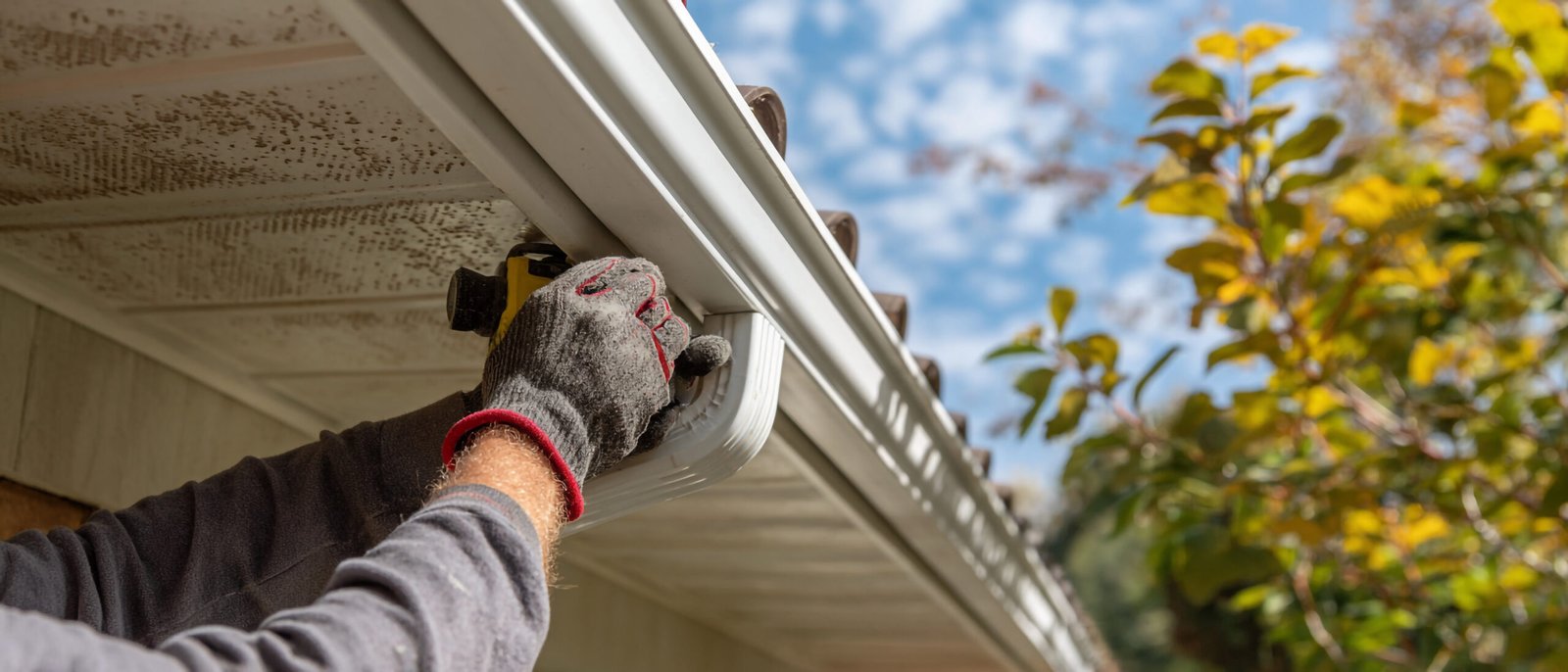 ajax-roof-repair A roofer is repairing gutter with a drill on a house exterior in Ajax