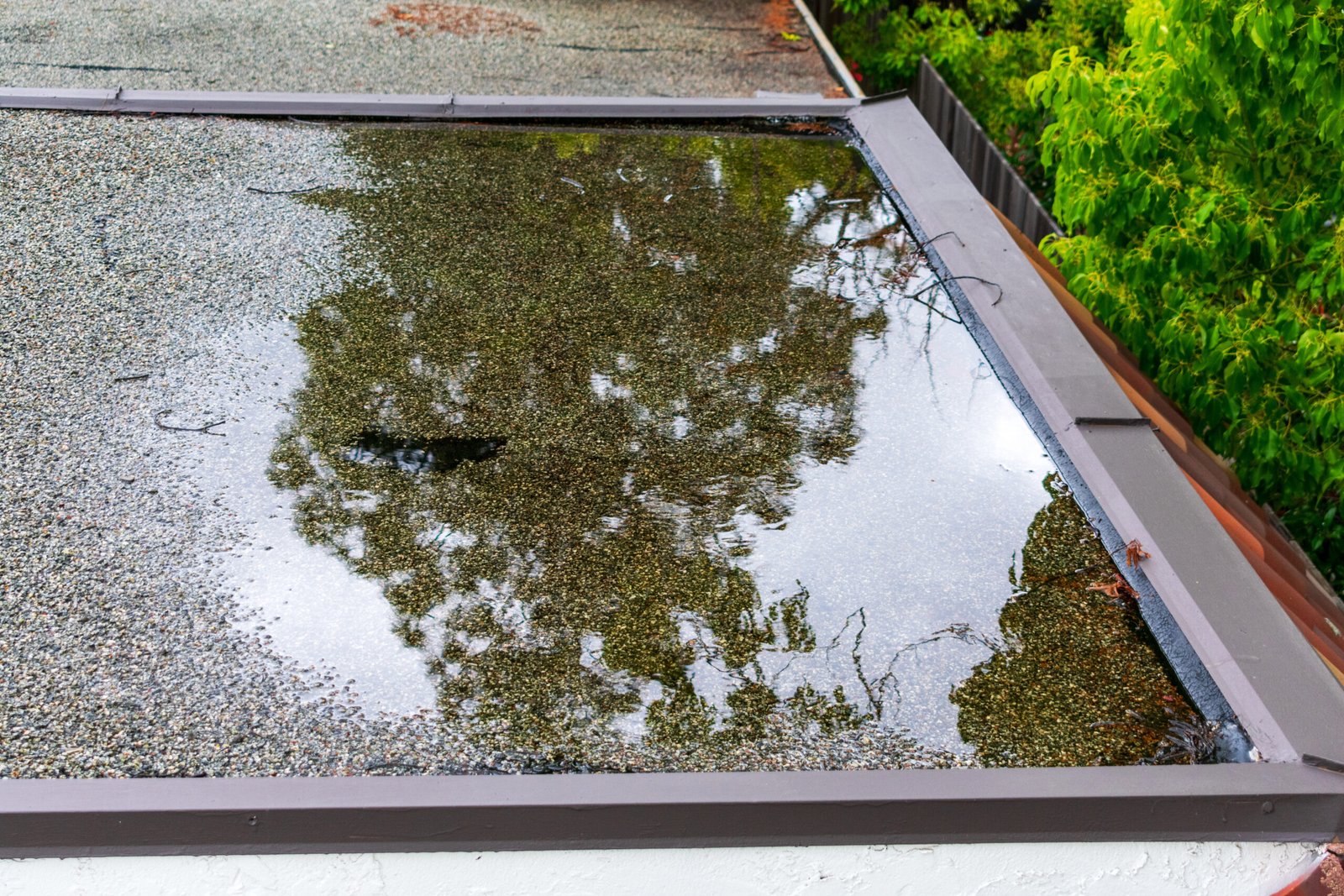 Ponding standing water on a flat roof after heavy rain, that needs repair in Ajax