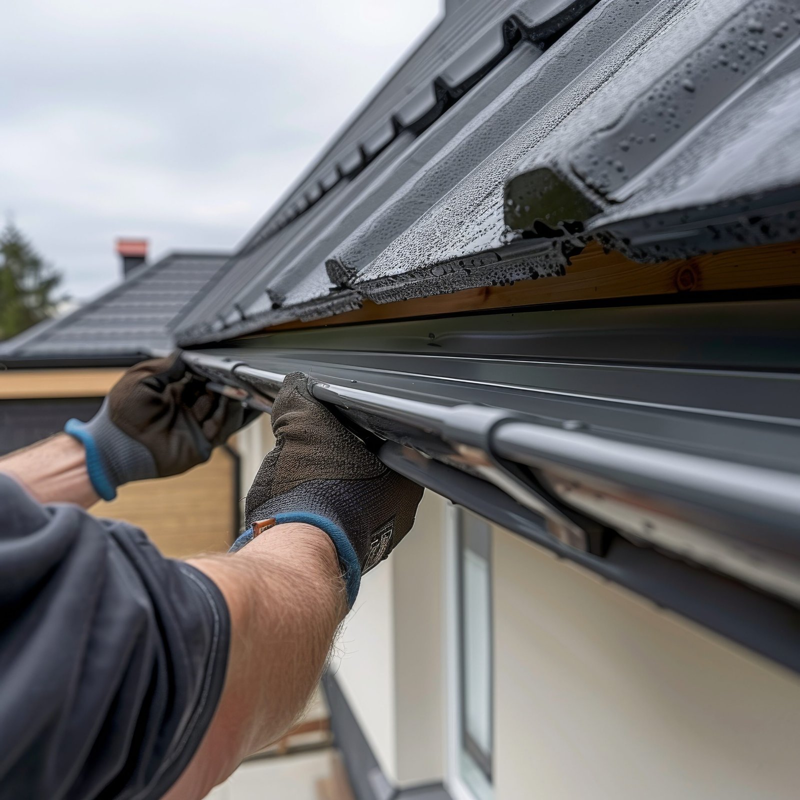 Close up of a roofers hands installing a gutter system on a modern residential roof in Ajax, On